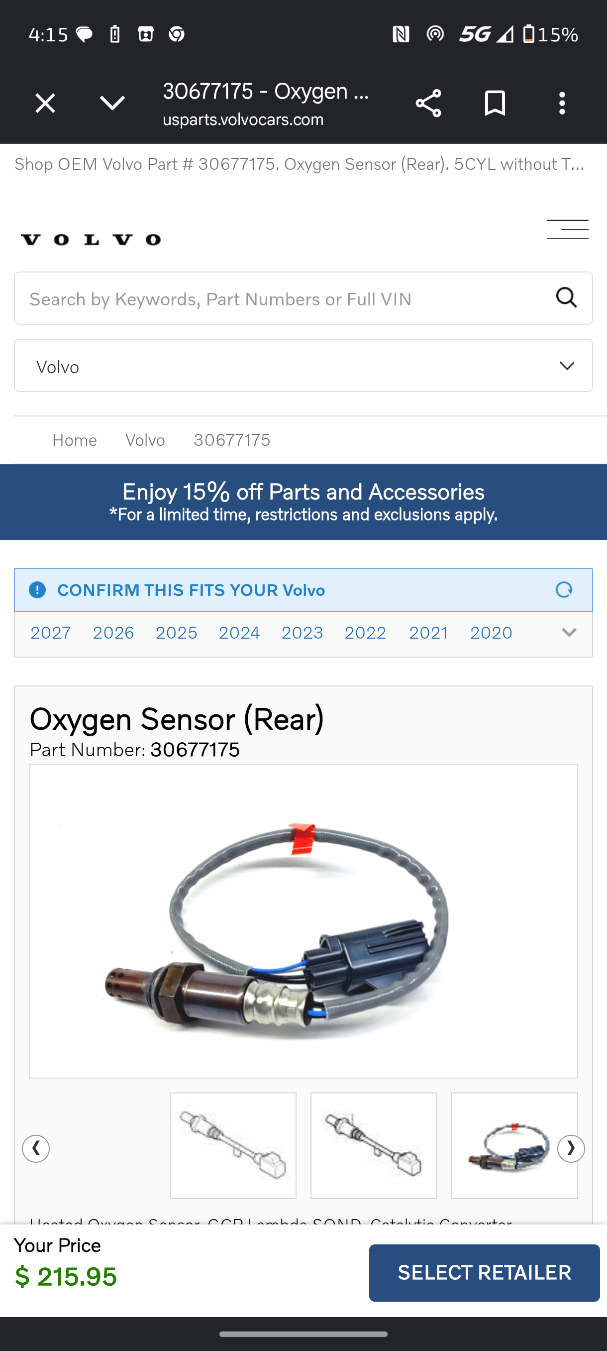2004–2013 Volvo C30, C70, S40 & V50 Downstream Rear Oxygen (O2) Sensor (30677175) 🚘💦