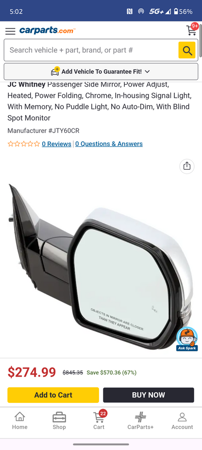 2022–2025 Toyota Tundra Passenger Side Power Folding Door Mirror (Chrome) 🚘🪞
