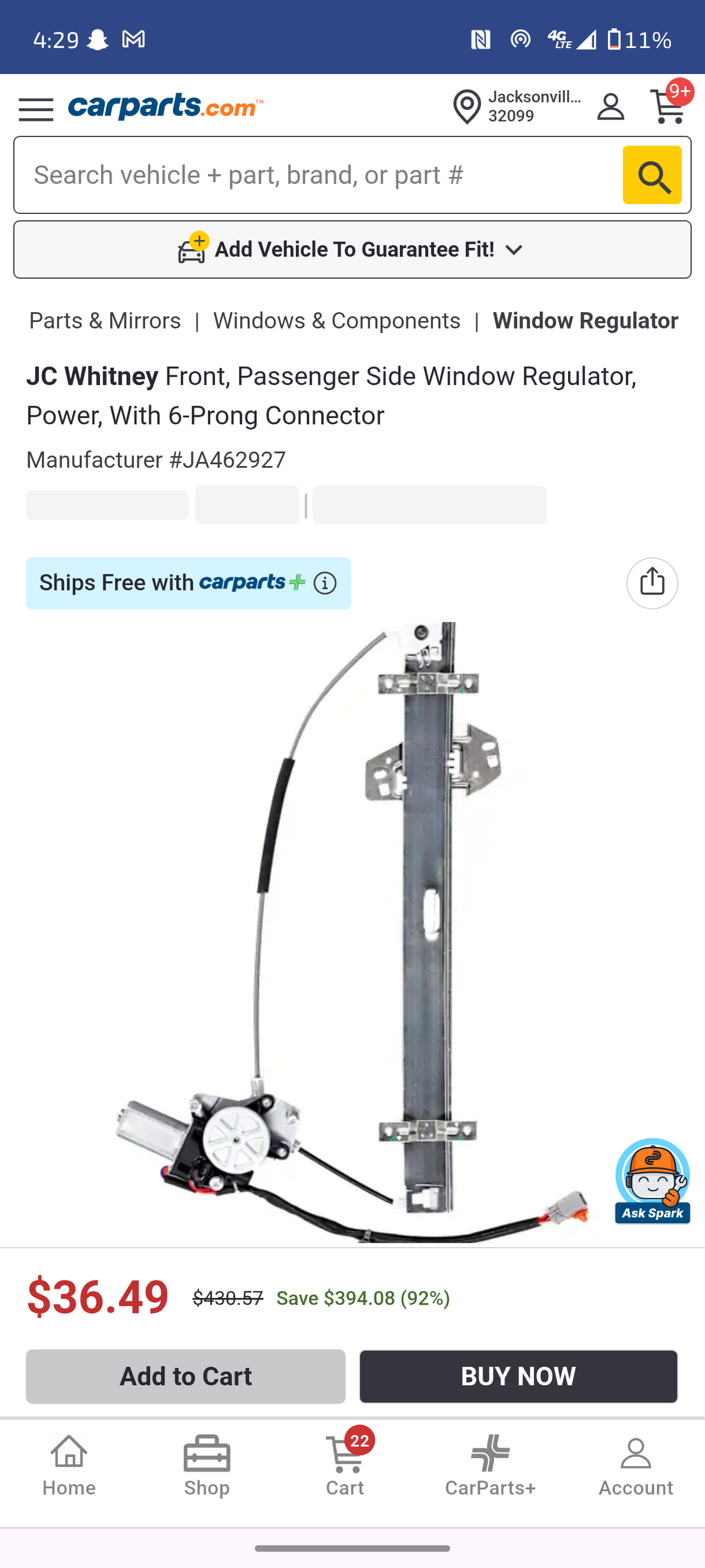 2003–2006 Acura MDX Front Passenger Side Power Window Regulator w/ Motor (6-Pin Connector) 🚘🪟