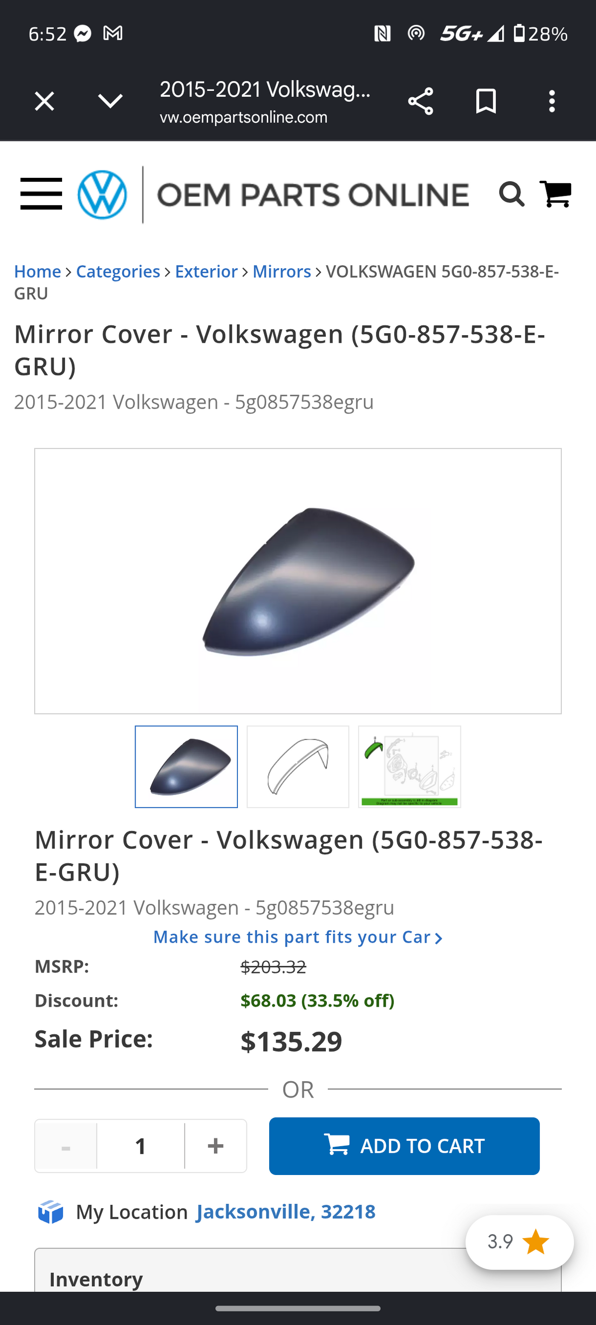 2015–2021 Volkswagen Golf / GTI / Golf R Front Passenger Side Door Mirror Cover Cap (Primed) 🚘🪞