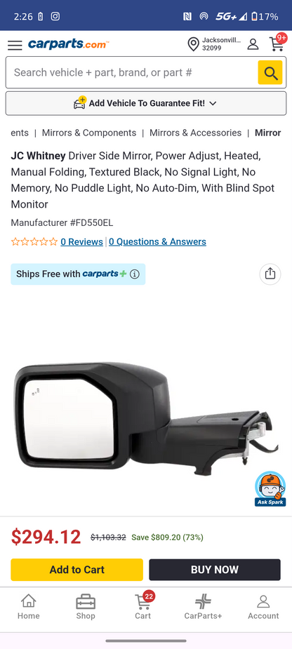 2021–2024 Ford Bronco Driver Side Power Heated Door Mirror w/ Blind Spot Monitor (Textured Black) 🚘🪞