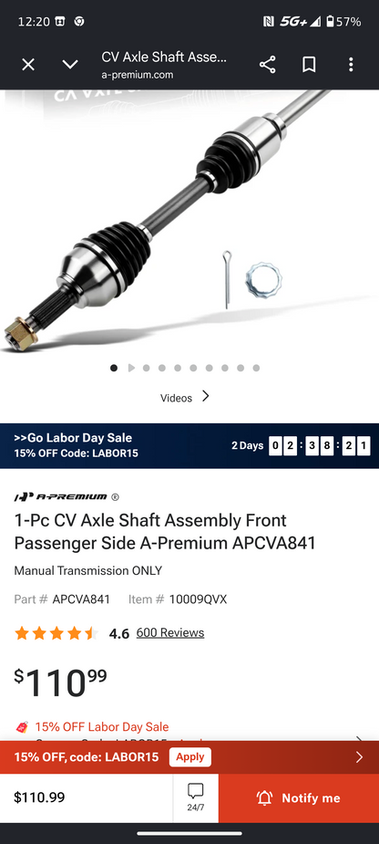 2007–2012 Nissan Altima & Sentra Front Passenger Side CV Axle Shaft Assembly (Manual Transmission ONLY) 🚗⚙️