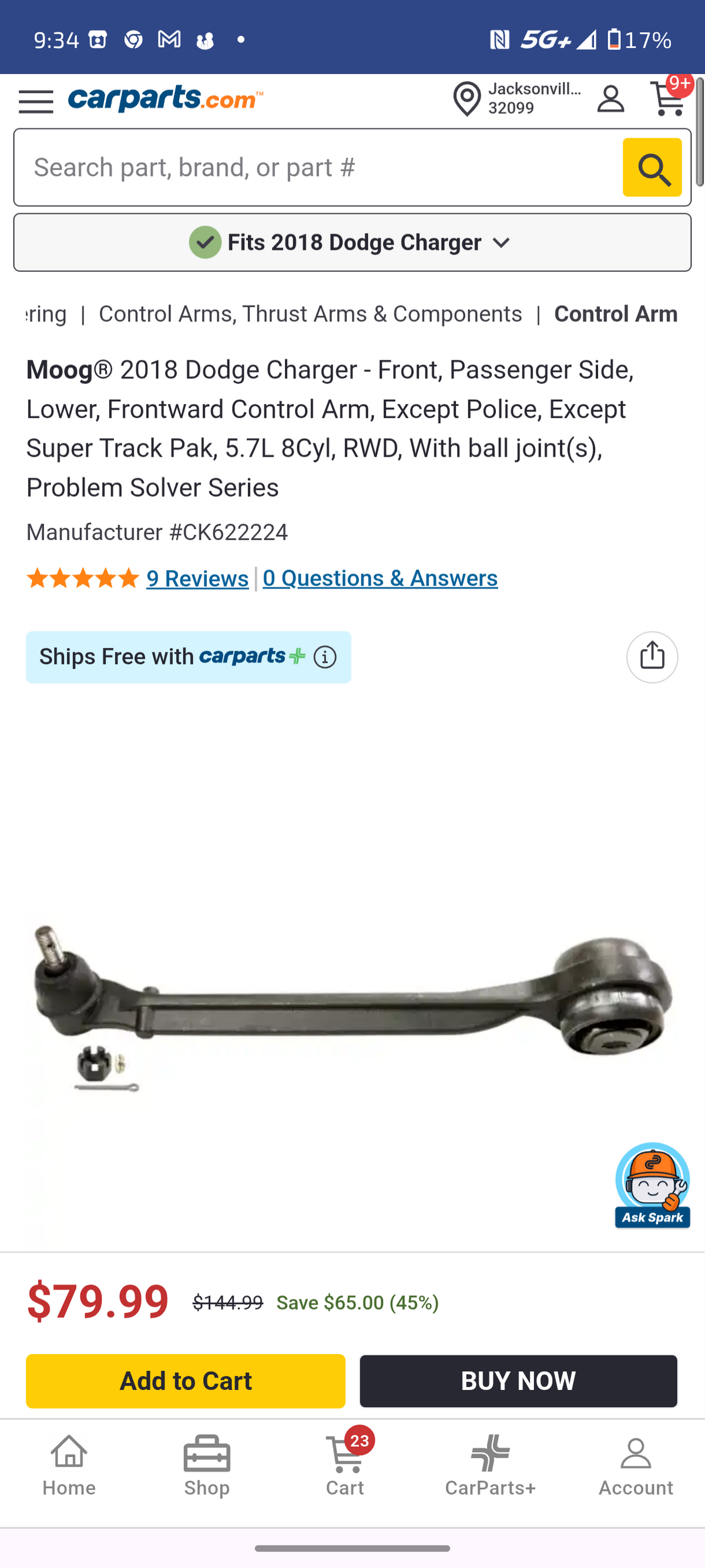 2011–2023 Chrysler 300 / Dodge Charger / Dodge Challenger Front Passenger Side Lower Forward Control Arm w/ Ball Joint (Moog CK622224) 🚘⚙️