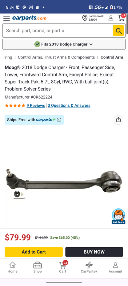 2011–2023 Chrysler 300 / Dodge Charger / Dodge Challenger Front Passenger Side Lower Forward Control Arm w/ Ball Joint (Moog CK622224) 🚘⚙️