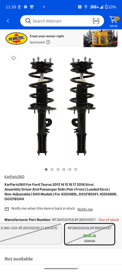 2013–2018 Ford Taurus SHO Front Driver & Passenger Side Loaded Strut Assemblies (Pair) 🚘⚙️
