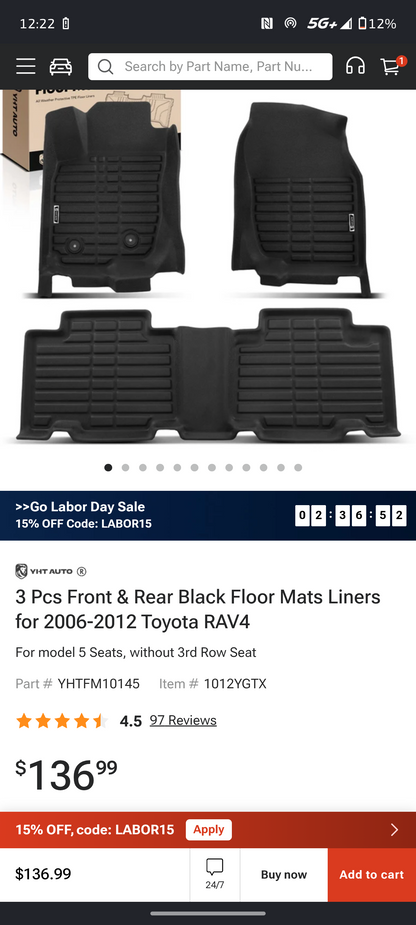 2006–2012 Toyota RAV4 Front & Rear All-Weather Floor Mats Liners (3-Piece Set) 🚘⚙️