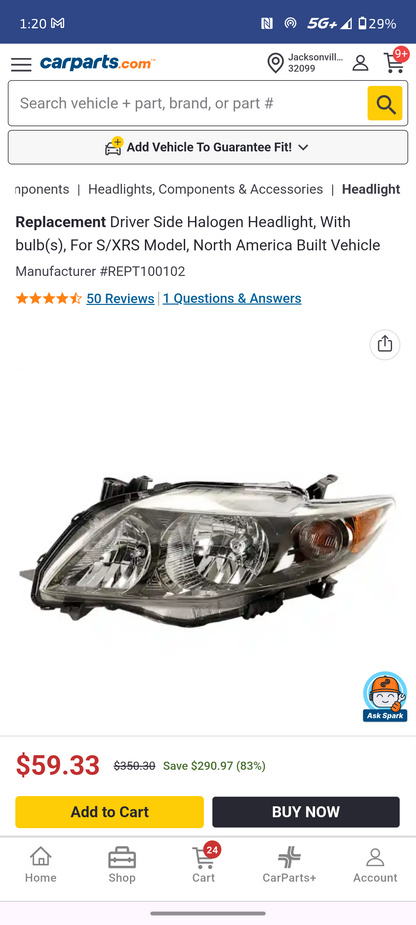 2009–2010 Toyota Corolla Driver Side Halogen Headlight Assembly w/ Bulbs 💡🚘
