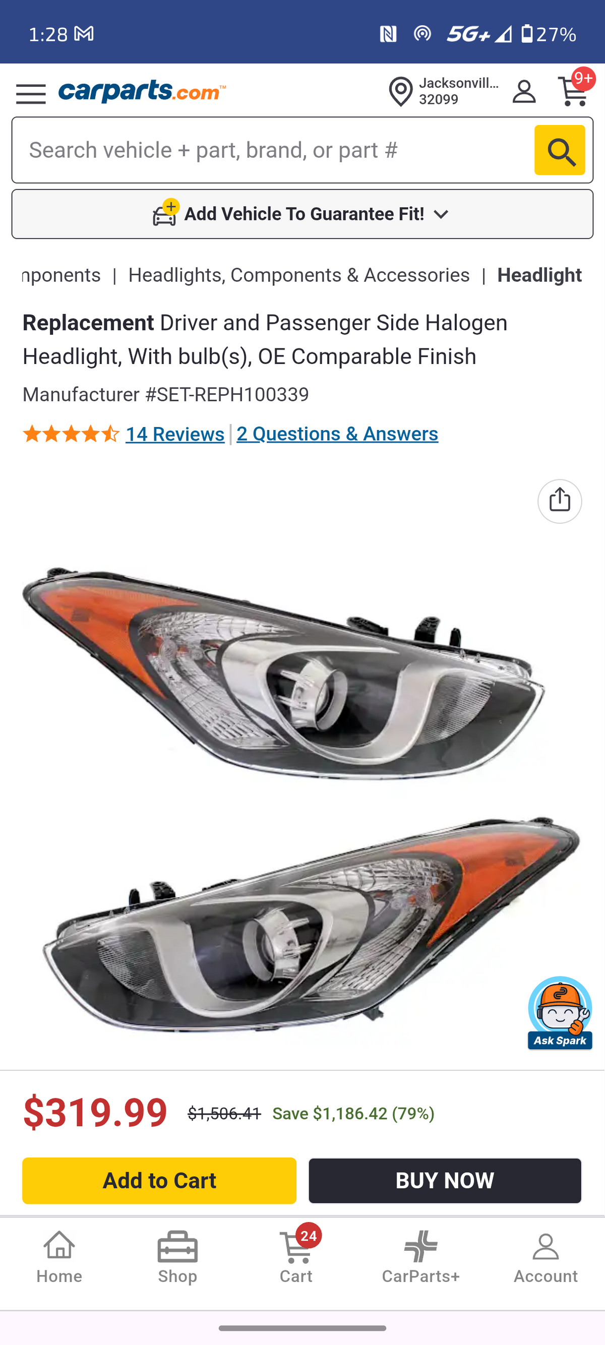 2013–2017 Hyundai Elantra Driver & Passenger Side Halogen Headlight Pair w/ Bulbs 💡🚘