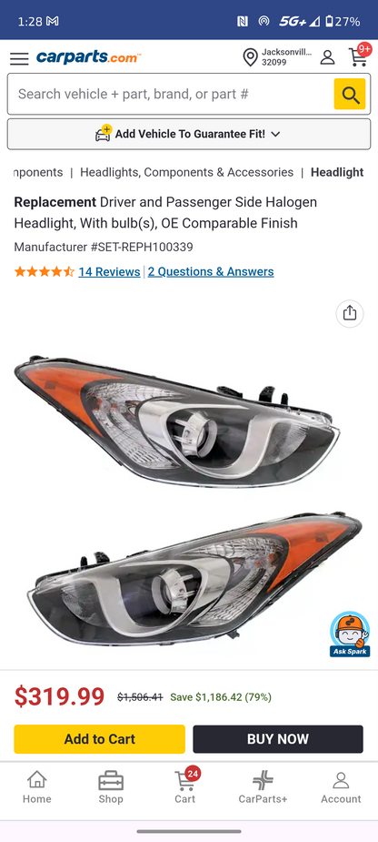 2013–2017 Hyundai Elantra Driver & Passenger Side Halogen Headlight Pair w/ Bulbs 💡🚘