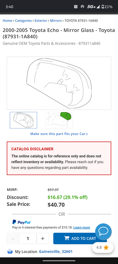 2000–2005 Toyota Echo Passenger Side Replacement Mirror Glass 🚘🪟