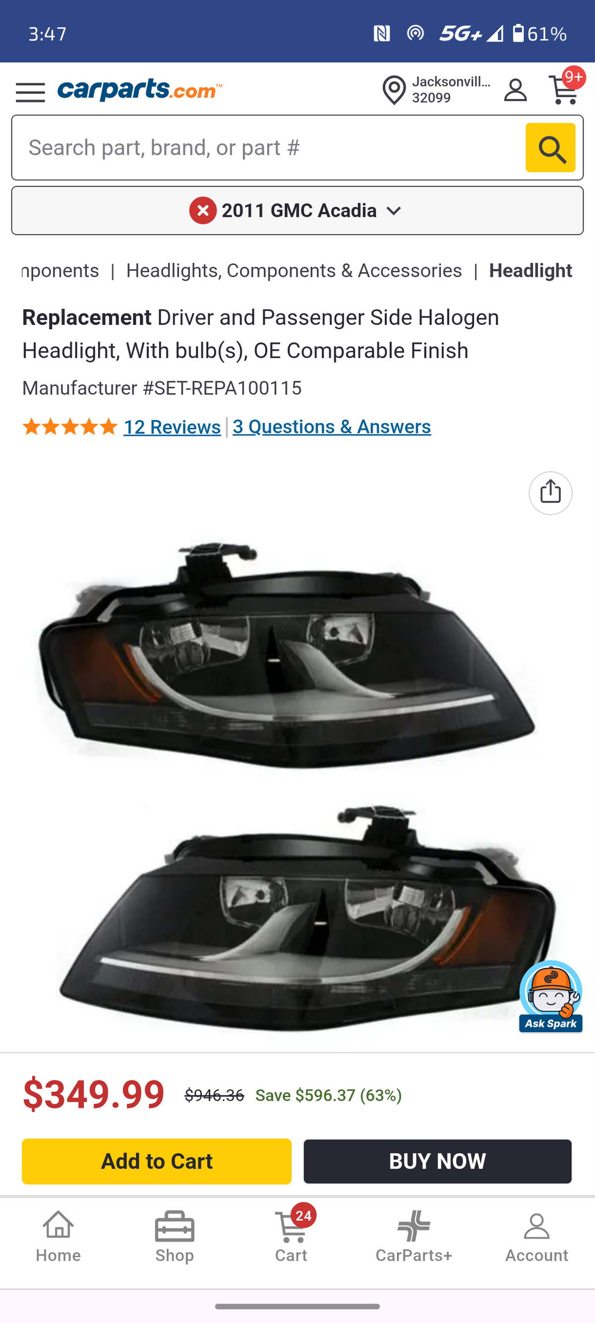2009–2012 Audi A4 / A4 Quattro Driver and Passenger Side Halogen Headlight Set (With Bulbs) 💡🚘