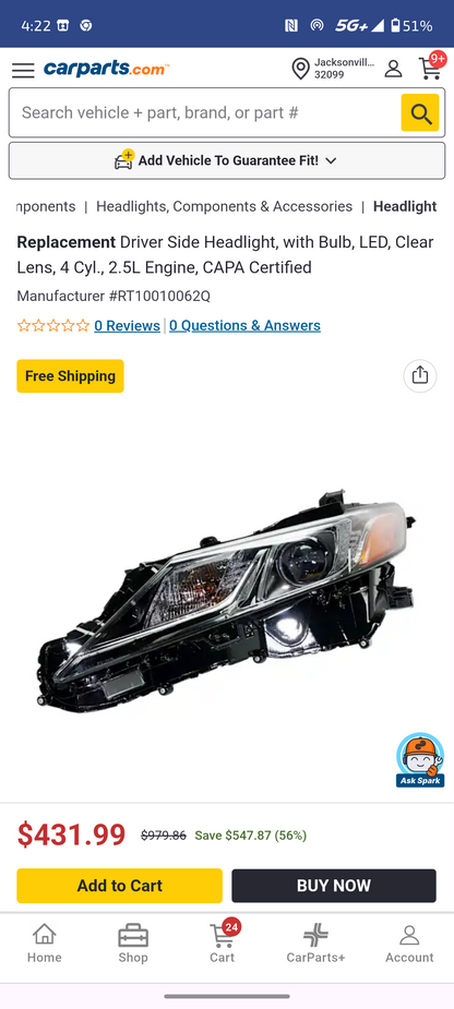 2019–2024 Toyota Camry Driver Side LED Headlight Assembly 💡🚘