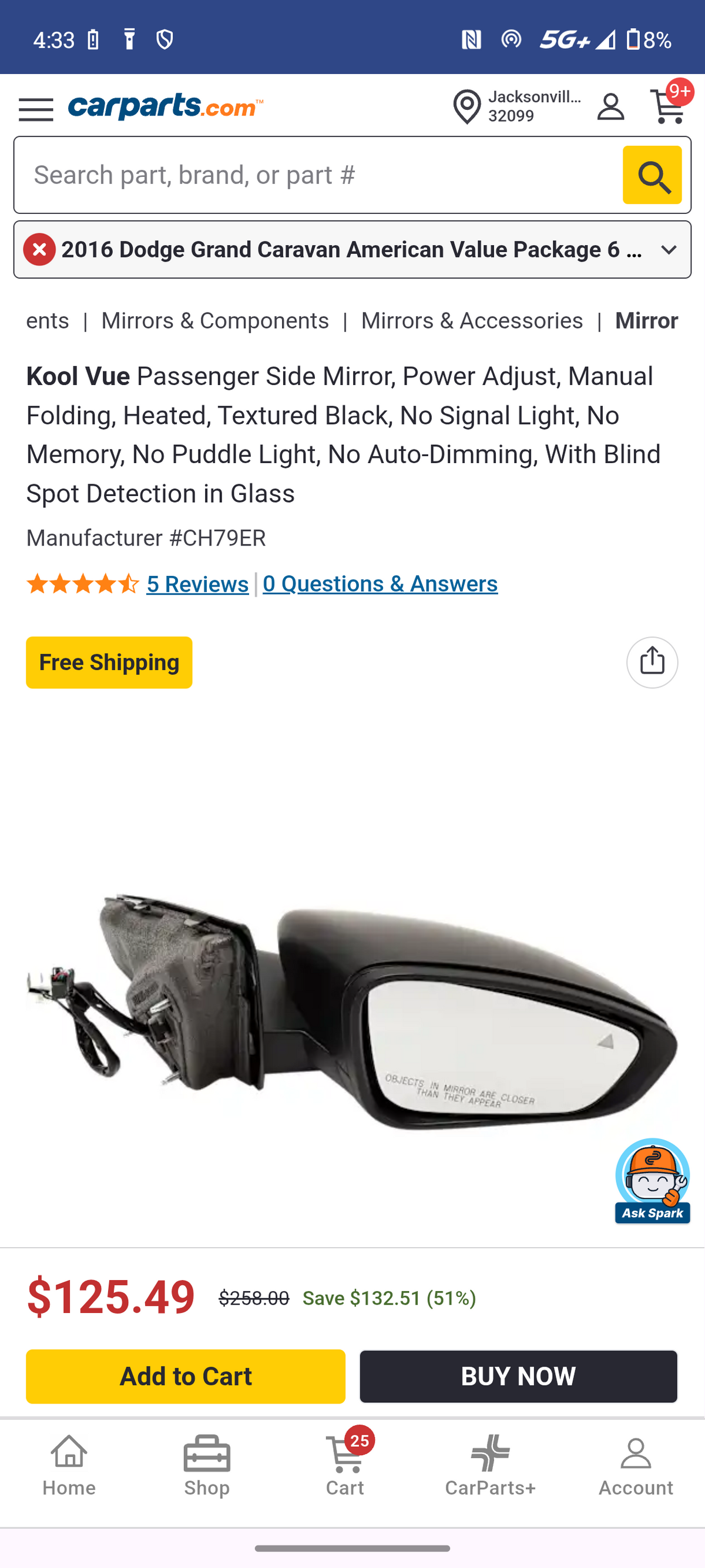 2015–2017 Chrysler 200 Passenger Side Power Heated Mirror w/ Blind Spot Detection 🪞🚘