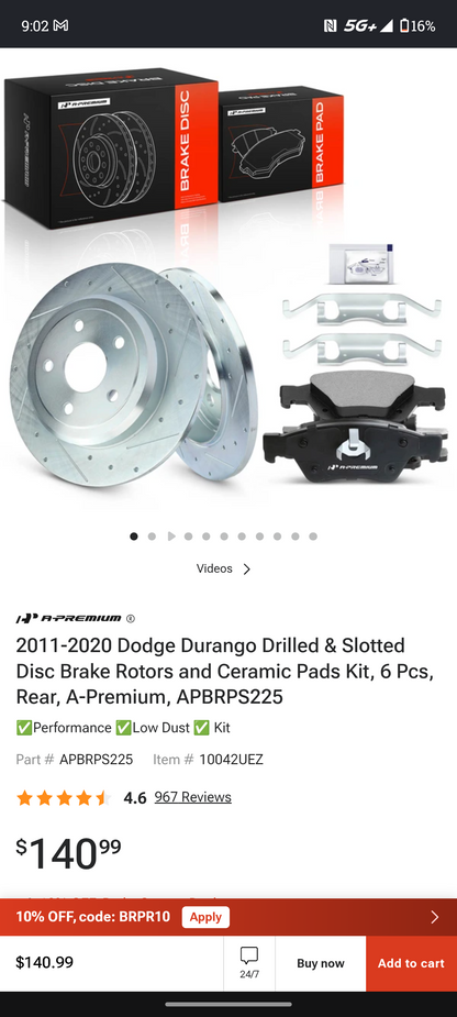 2011–2020 Dodge Durango & Jeep Grand Cherokee Rear Drilled & Slotted Brake Rotors + Ceramic Pads Kit 🛑🚘