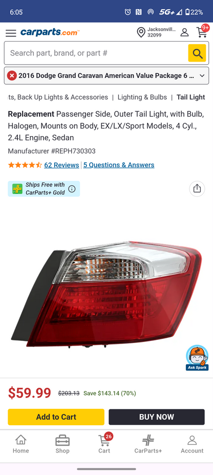 2013–2015 Honda Accord Sedan Passenger Side Outer Tail Light Assembly ⚡🚘