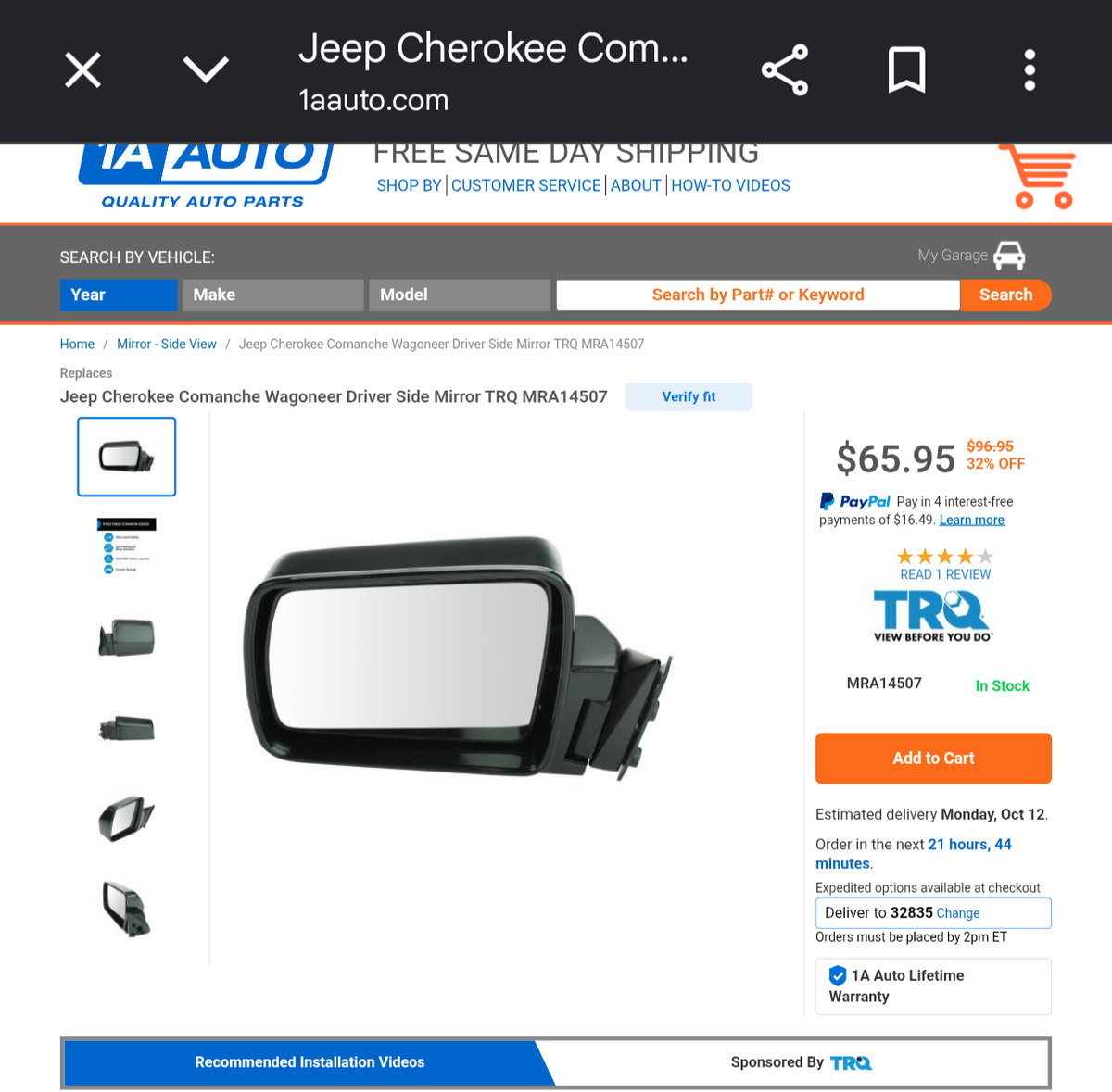 1984–1996 Jeep Cherokee, Comanche & Wagoneer Driver Side Manual Remote Mirror ⚡🚘
