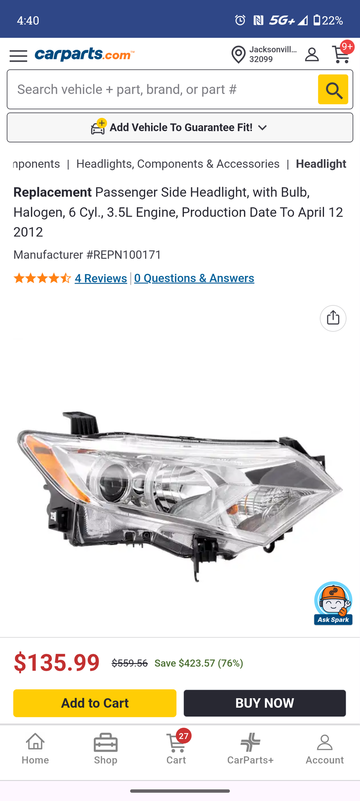 2012–2017 Nissan Quest Passenger Side Halogen Headlight Assembly ⚡🚘