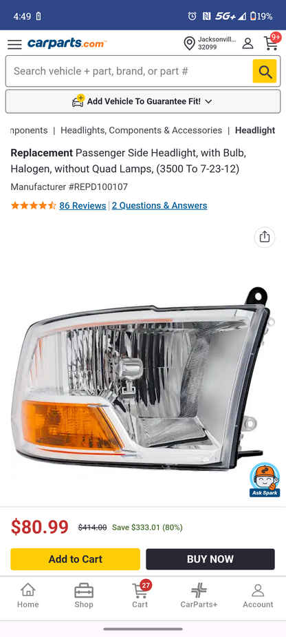 2009–2012 Dodge Ram 1500, 2500 & 3500 Passenger Side Halogen Headlight Assembly (Dual Lamp / Without Quad Headlamps) ⚡🚘