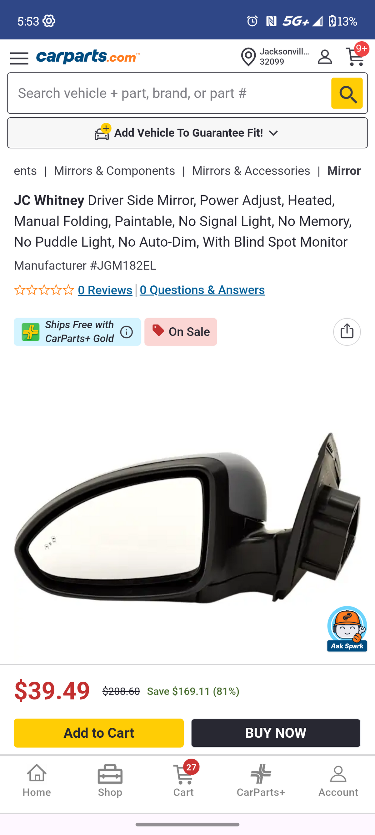 2013–2016 Chevrolet Cruze Driver Side Power Heated Door Mirror w/ Blind Spot Monitor ⚡🚘