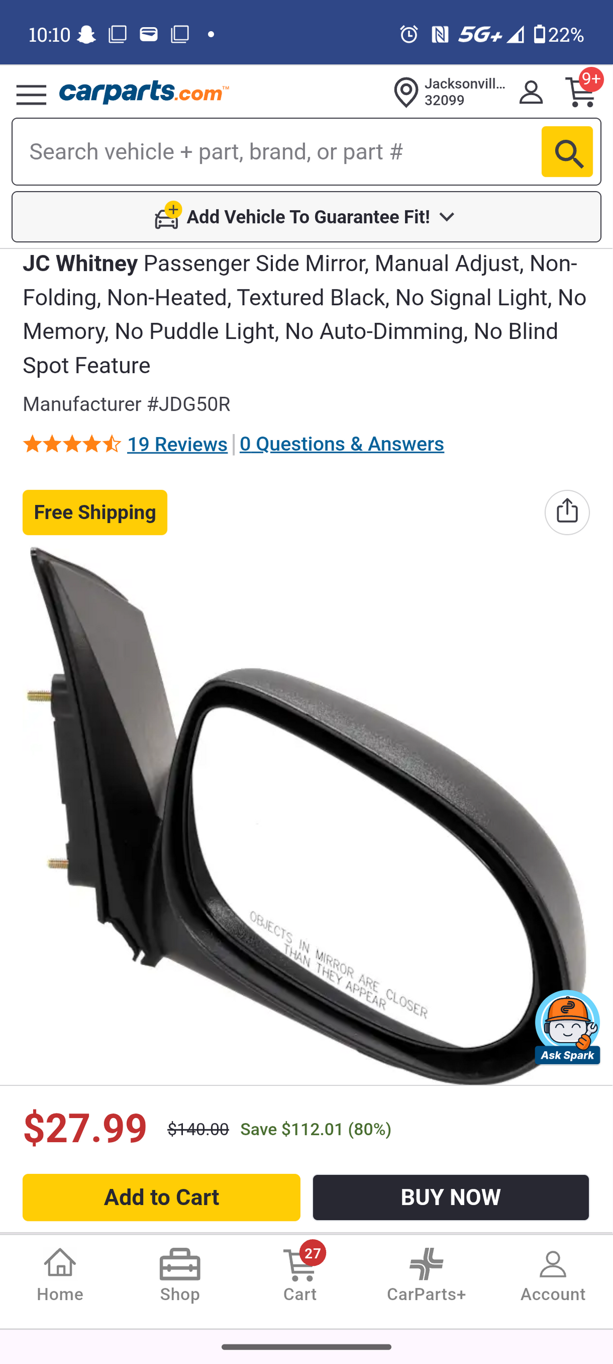 2007–2012 Dodge Caliber Passenger Side Manual Door Mirror (Textured Black) ⚡🚘