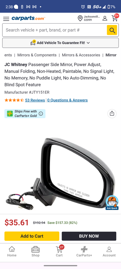 2012–2015 Toyota Prius Passenger Side Power Door Mirror (Paintable) ⚡🚘
