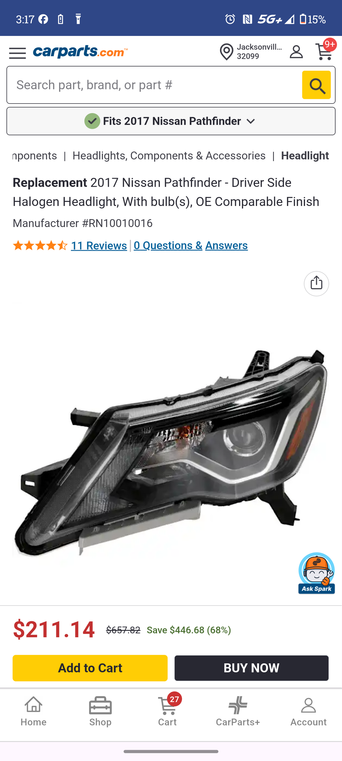 2017–2019 Nissan Pathfinder Front Driver Left Side Halogen Headlight Assembly ⚡🚘