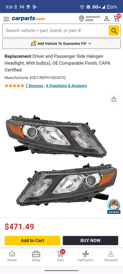 2010–2012 Honda Accord Crosstour Driver & Passenger Side Halogen Headlight Assemblies (Pair Set - CAPA Certified) ⚡🚘
