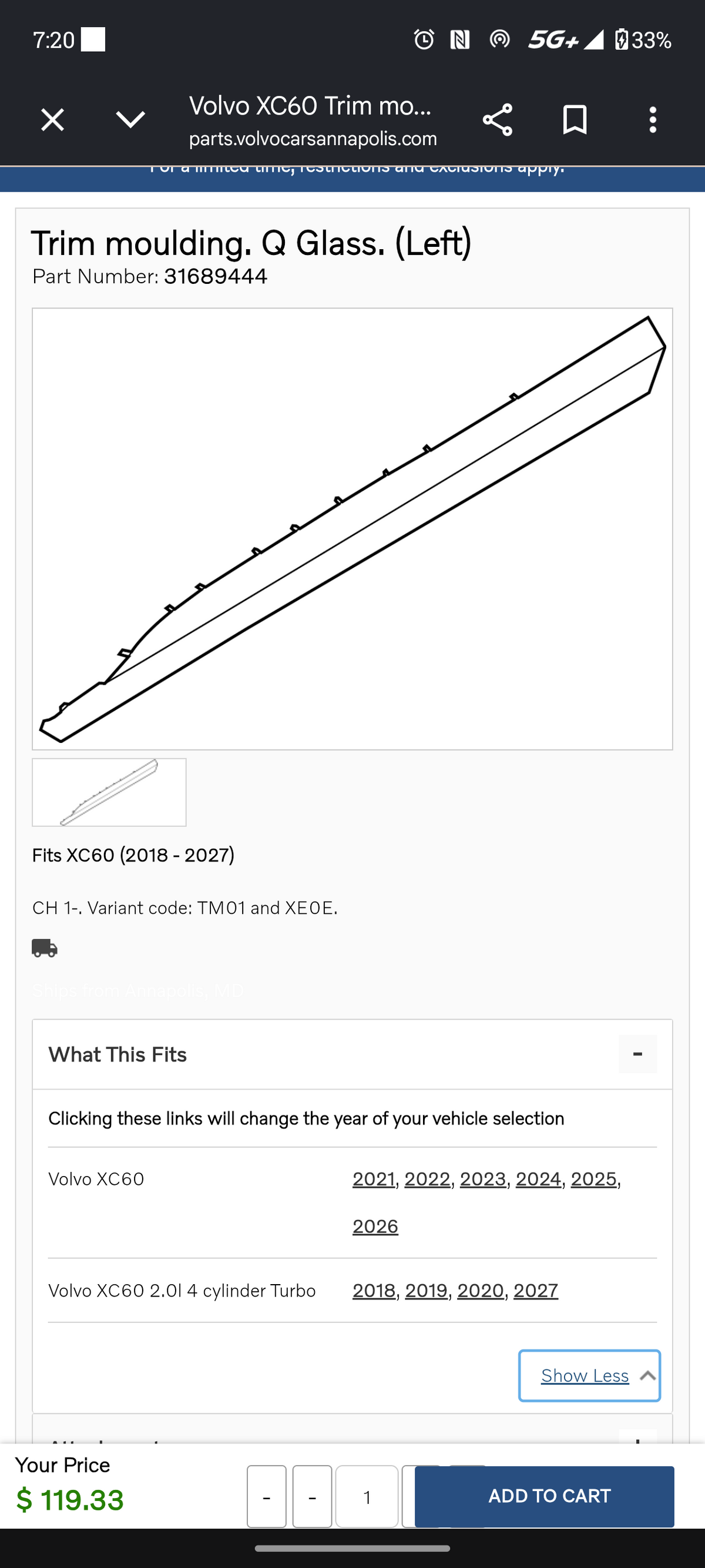 2018–2027 Genuine Volvo Rear Left Quarter Window Trim Molding (Fits XC60) ⚡🚘