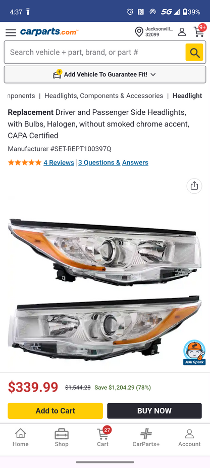 2014–2016 Toyota Highlander Driver & Passenger Side Halogen Headlight Set (CAPA Certified) ⚡🚘