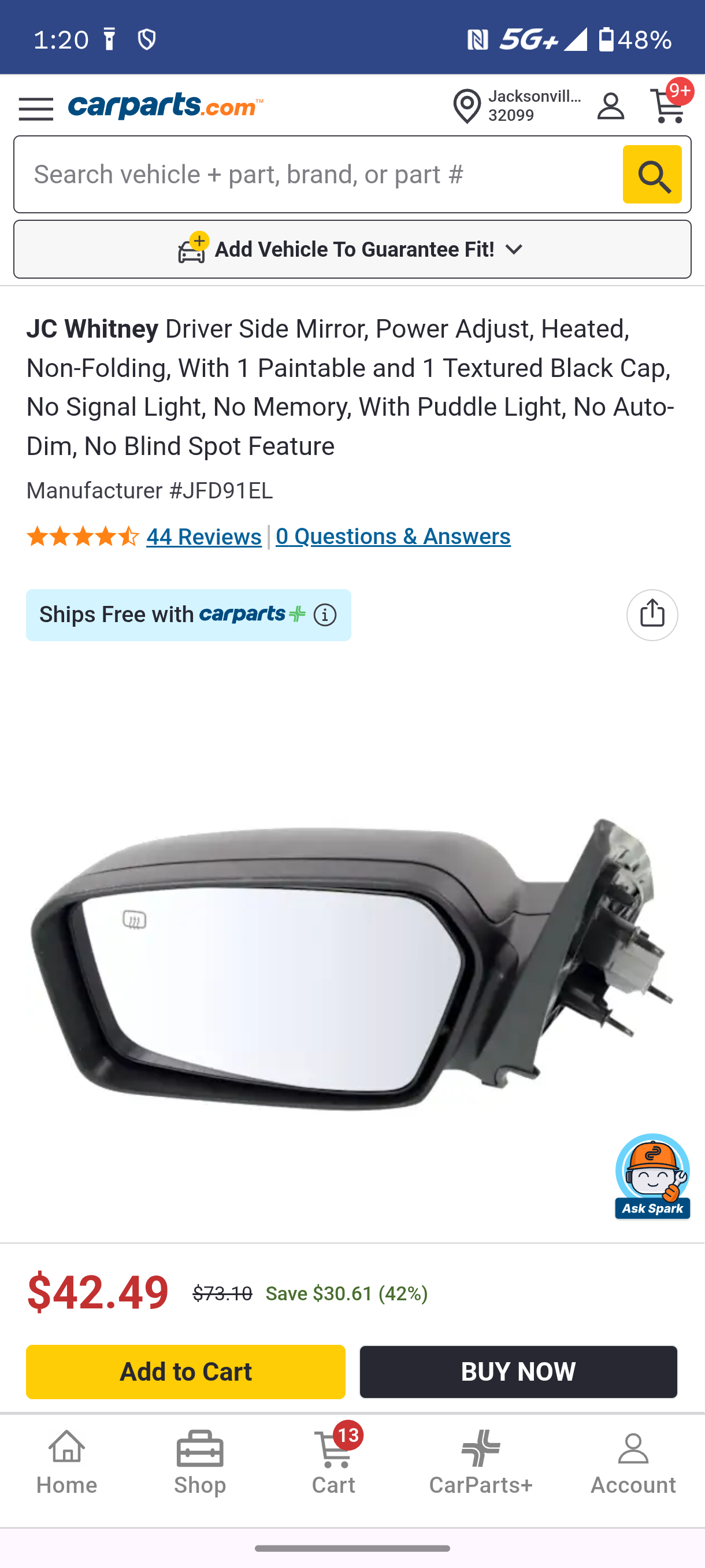 2013-2020 Ford Fusion Driver Side Power Heated Mirror w/ Puddle Light & 2 Caps (JFD91EL) 🚗⚡