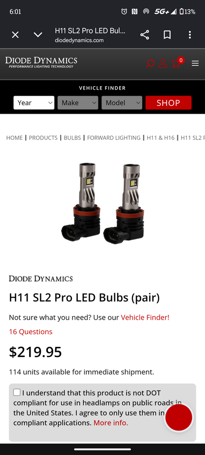 Universal Fitment Diode Dynamics H11 SL2 Pro LED Headlight / Fog Light Bulbs Pair ⚡🚘